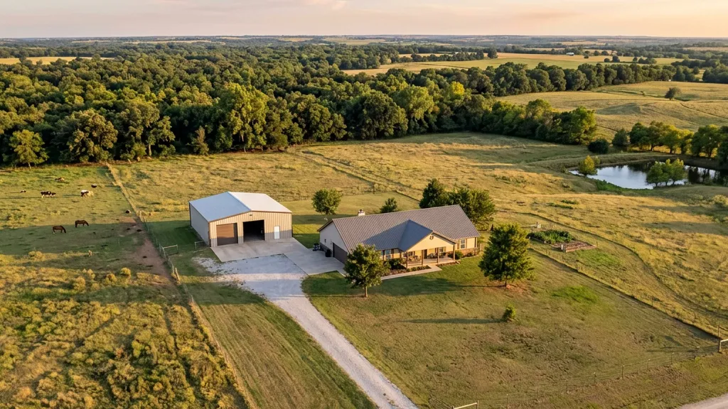 Aerial view of a completed roof replacement on a Tulsa home