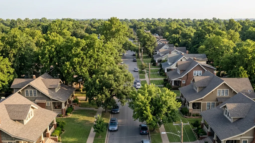 Aerial view of a completed roof replacement on a Tulsa home
