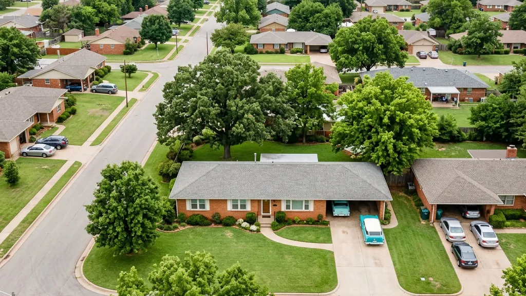 Aerial view of a completed roof replacement on a Tulsa home