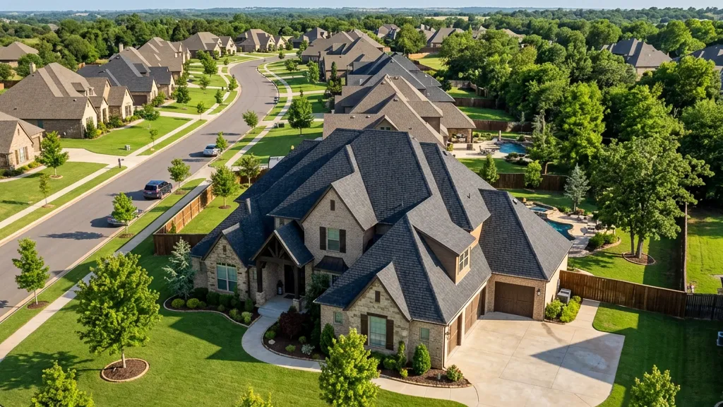 Aerial view of a completed roof replacement on a Tulsa home