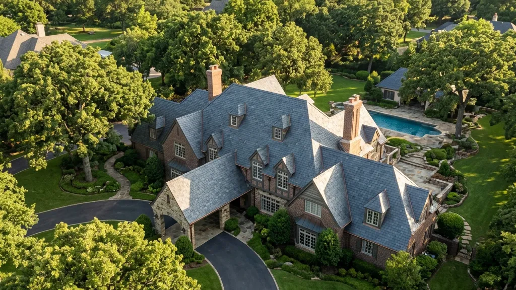 Aerial view of a completed roof replacement on a Tulsa home