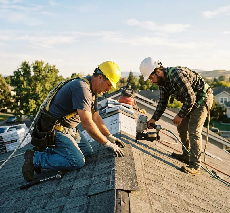 Roofing crew installing shingles on a residential roof
