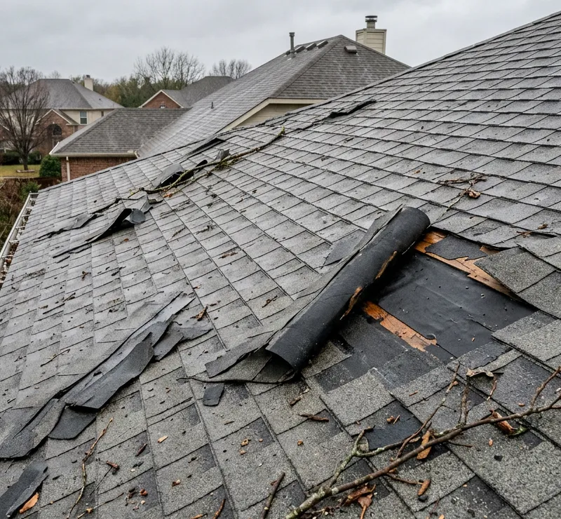 Shingles torn off by a storm and scattered across a lawn, the damaged roof visible behind